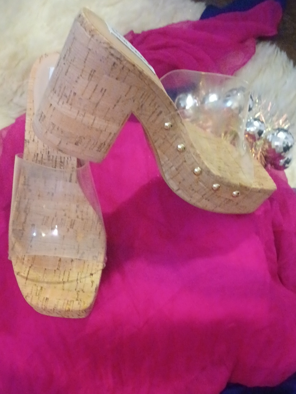 Steve Madden Cork Platform Clear Vinyl Mules with Gold Studs